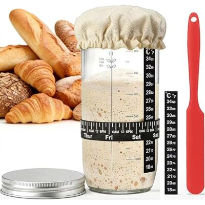 UQMIQURA 730ml Sauerteig-Starter-Set, Sauerteig Glas, Brot Backen Zubehör, Sauerteigbehälter für die Herstellung von Brot mit Holzdeckel, Stoffabdeckung, Datumsmarkierung und Thermometerband UQMIQURA 730ml Sauerteig-Starter-Set, Sauerteig Glas, Brot Backen Zubehör, Sauerteigbehälter für die Herstellung von Brot mit Holzdeckel, Stoffabdeckung, Datumsmarkierung und Thermometerband