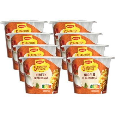 Maggi 5 Minuten Terrine Nudeln in Rahmsauce, 8er Pack (8 x 61g) Leckeres Fertiggericht mit Instant Nudeln, vegetarischer Pasta-Snack in cremig herzhafter Sauce Maggi 5 Minuten Terrine Nudeln in Rahmsauce, 8er Pack (8 x 61g) Leckeres Fertiggericht mit Instant Nudeln, vegetarischer Pasta-Snack in cremig herzhafter Sauce