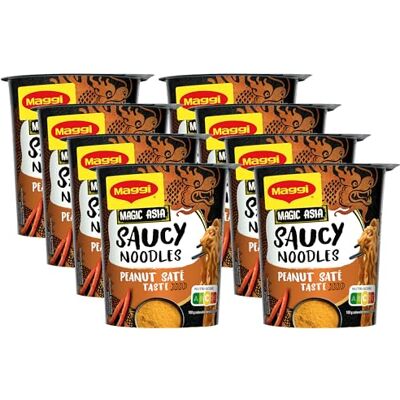 Maggi Magic Asia Saucy Noodles Peanut Saté Cup, 8er Pack (8 x 75g) Leckeres Fertiggericht mit asiatischen Instant Nudeln in cremiger Erdnuss-Sauce im praktischen Becher Maggi Magic Asia Saucy Noodles Peanut Saté Cup, 8er Pack (8 x 75g) Leckeres Fertiggericht mit asiatischen Instant Nudeln in cremiger Erdnuss-Sauce im praktischen Becher