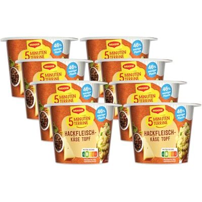 Maggi 5 Minuten Terrine Hackfleisch Käse Topf, 8er Pack (8 x 51g) Leckeres Fertiggericht mit Instant Nudeln, Pasta-Snack mit würzigem Rindfleisch & Käse Maggi 5 Minuten Terrine Hackfleisch Käse Topf, 8er Pack (8 x 51g) Leckeres Fertiggericht mit Instant Nudeln, Pasta-Snack mit würzigem Rindfleisch & Käse