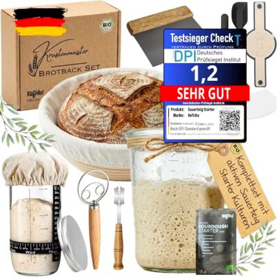 Krustenmeister Sauerteig Starter Set mit lebendem Sauerteigstarter & aktiven Kulturen komplettes Brotbackset mit Gärkörbchen, Brotbackform & Zubehör für Anfänger & Profis Krustenmeister Sauerteig Starter Set mit lebendem Sauerteigstarter & aktiven Kulturen komplettes Brotbackset mit Gärkörbchen, Brotbackform & Zubehör für Anfänger & Profis