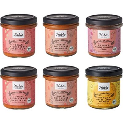 NABIO Protein-Aufstrich 6er Box I auf Basis von Linsen, Kichererbsen und Bohnen I angenehm cremig I (6 x 140g) NABIO Protein-Aufstrich 6er Box I auf Basis von Linsen, Kichererbsen und Bohnen I angenehm cremig I (6 x 140g)