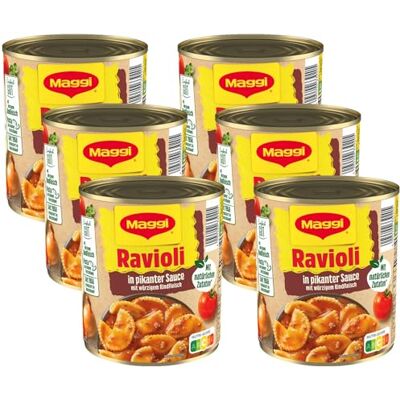 Maggi Ravioli in pikanter Sauce, leckeres Fertiggericht mit Fleisch gefüllten Nudeln und Sauce, das Pasta-Original ideal fürs Camping oder den Vorratsschrank, 6er Pack (6 x 800g) Maggi Ravioli in pikanter Sauce, leckeres Fertiggericht mit Fleisch gefüllten Nudeln und Sauce, das Pasta-Original ideal fürs Camping oder den Vorratsschrank, 6er Pack (6 x 800g)