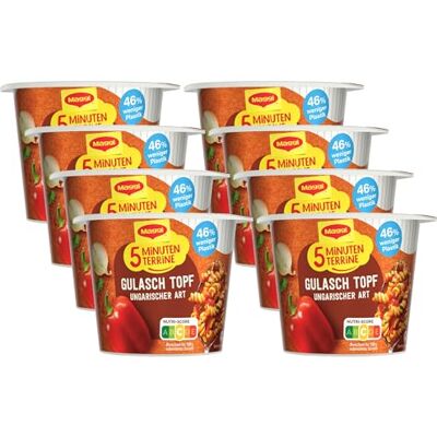 Maggi 5 Minuten Terrine Gulasch Topf ungarischer Art, leckeres Fertiggericht mit Instant Nudeln, Pasta-Snack in würzig-deftiger Sauce mit Rindfleisch, 8er Pack (8 x 57g) Maggi 5 Minuten Terrine Gulasch Topf ungarischer Art, leckeres Fertiggericht mit Instant Nudeln, Pasta-Snack in würzig-deftiger Sauce mit Rindfleisch, 8er Pack (8 x 57g)