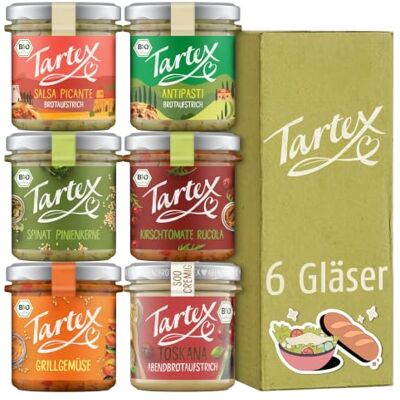 Tartex Mediterrane Box Bio vegane Brotaufstriche 6 Gläser Mediterran & herzhaft vegan aufs Brot, als Dip oder zum Kochen 6er Vorteilspack, 820g Tartex Mediterrane Box Bio vegane Brotaufstriche 6 Gläser Mediterran & herzhaft vegan aufs Brot, als Dip oder zum Kochen 6er Vorteilspack, 820g