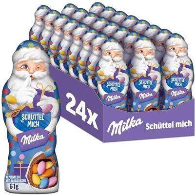 Milka Schüttel Mich Weihnachtsmann – 24 x 61 g – Zarte Alpenmilch-Schokolade gefüllt mit bunten Kakaolinsen Milka Schüttel Mich Weihnachtsmann – 24 x 61 g – Zarte Alpenmilch-Schokolade gefüllt mit bunten Kakaolinsen