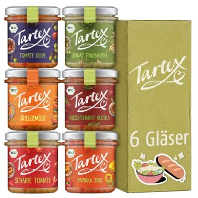 Tartex Marktgemüse Box Bio vegane Brotaufstriche 6 Gläser Herzhaft mit Gemüse vegan lecker aufs Brot oder als Dip 6er Vorteilspack, 815g Tartex Marktgemüse Box Bio vegane Brotaufstriche 6 Gläser Herzhaft mit Gemüse vegan lecker aufs Brot oder als Dip 6er Vorteilspack, 815g