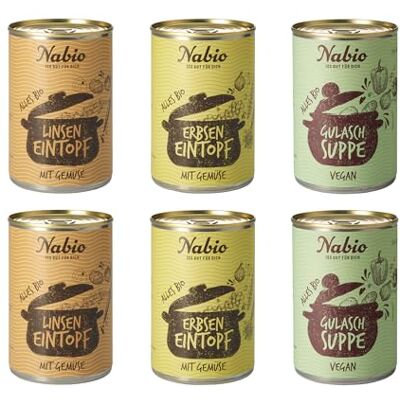 NABIO Köstliche Eintöpfe zum Probieren in 3 leckeren Sorten 2x Linseneintopf, 2x Erbseneintopf, 2x Gulasch Suppe Vegan (6x 400g) NABIO Köstliche Eintöpfe zum Probieren in 3 leckeren Sorten 2x Linseneintopf, 2x Erbseneintopf, 2x Gulasch Suppe Vegan (6x 400g)