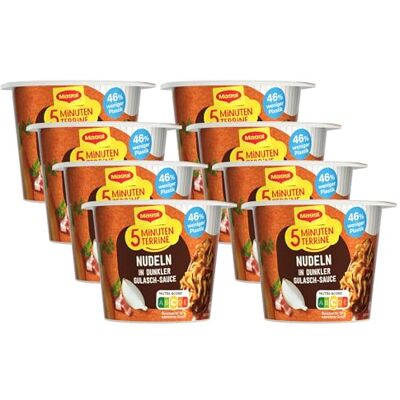 Maggi 5 Minuten Terrine Nudeln in dunkler Gulasch-Sauce, leckeres Fertiggericht, Instant-Nudeln mit herzhaften Rindfleisch-Würfeln, 8er Pack (8 x 60g) Maggi 5 Minuten Terrine Nudeln in dunkler Gulasch-Sauce, leckeres Fertiggericht, Instant-Nudeln mit herzhaften Rindfleisch-Würfeln, 8er Pack (8 x 60g)