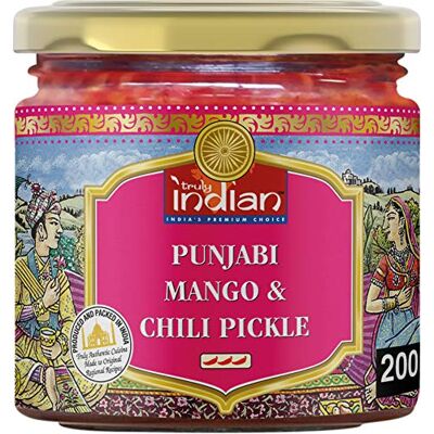 Truly Indian Punjabi Mango & Chili Pickle, Würziges & scharfes indisches Relish mit traditionell eingelegter Mango & grüner Chili, Als würziger Dip oder Fertigsauce (6 x 200 g) Truly Indian Punjabi Mango & Chili Pickle, Würziges & scharfes indisches Relish mit traditionell eingelegter Mango & grüner Chili, Als würziger Dip oder Fertigsauce (6 x 200 g)