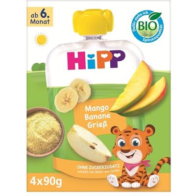 HiPP Bio Quetschie Mango Banane Grieß,16 Stück (4er Pack mit je 4 x 90g), für Babys ab 6. Monat, ohne Zuckerzusatz, vegan, in bester Bio-Qualität HiPP Bio Quetschie Mango Banane Grieß,16 Stück (4er Pack mit je 4 x 90g), für Babys ab 6. Monat, ohne Zuckerzusatz, vegan, in bester Bio-Qualität