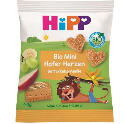 HiPP Bio Mini Hafer-Herzen Butterkeks-Vanille (12 x 40g), ab 1 Jahr, Kindersnack in Herzform, mit hohem Getreide- und Ballaststoffanteil, Süße nur aus Früchten HiPP Bio Mini Hafer-Herzen Butterkeks-Vanille (12 x 40g), ab 1 Jahr, Kindersnack in Herzform, mit hohem Getreide- und Ballaststoffanteil, Süße nur aus Früchten