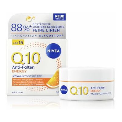 NIVEA Q10 Anti-Falten Tagespflege, Anti-Falten-Tagescreme mit Q10, Vitamin C & Glycostop, Gesichtspflege mit LSF 15 für müde Haut, ENERGY Vitamin C (50 ml) NIVEA Q10 Anti-Falten Tagespflege, Anti-Falten-Tagescreme mit Q10, Vitamin C & Glycostop, Gesichtspflege mit LSF 15 für müde Haut, ENERGY Vitamin C (50 ml)