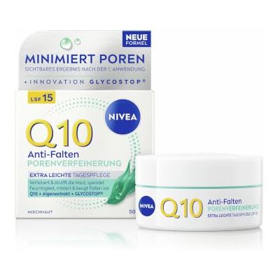 NIVEA Q10 Anti-Falten Tagespflege, straffende Tagescreme mit LSF 15, Gesichtspflege für Mischhaut mit Q10, Algenextrakt & Glycostop, Porenverfeinerung Extra Leichte Tagespflege (50 ml) NIVEA Q10 Anti-Falten Tagespflege, straffende Tagescreme mit LSF 15, Gesichtspflege für Mischhaut mit Q10, Algenextrakt & Glycostop, Porenverfeinerung Extra Leichte Tagespflege (50 ml)