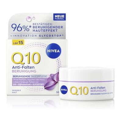 NIVEA Q10 Anti-Falten Tagespflege, Anti-Falten-Tagescreme mit Q10, Süssholz & Glycostop, parfümfreie Gesichtspflege für sensible Haut, BERUHIGUNG (50 ml) NIVEA Q10 Anti-Falten Tagespflege, Anti-Falten-Tagescreme mit Q10, Süssholz & Glycostop, parfümfreie Gesichtspflege für sensible Haut, BERUHIGUNG (50 ml)