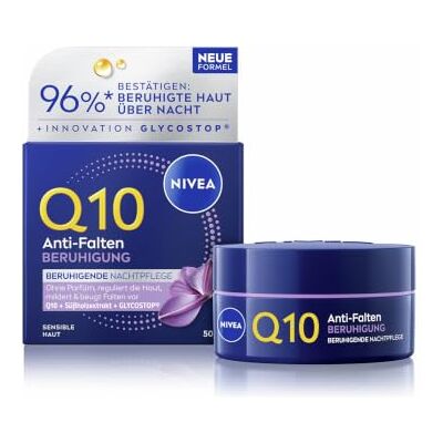 NIVEA Q10 Anti-Falten Nachtpflege, Anti-Falten-Nachtcreme mit Q10, Süssholz & Glycostop, parfümfreie Gesichtspflege für sensible Haut, BERUHIGUNG (50 ml) NIVEA Q10 Anti-Falten Nachtpflege, Anti-Falten-Nachtcreme mit Q10, Süssholz & Glycostop, parfümfreie Gesichtspflege für sensible Haut, BERUHIGUNG (50 ml)