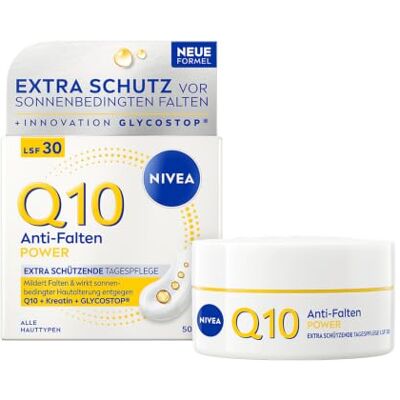 NIVEA Anti-Falten Tagespflege LSF 30, Gesichtspflege mildert & beugt Falten vor, straffende Tagescreme mit reinem Q10, Kreatin & Glycostop, POWER Q10 Extra Schützende Tagespflege (50 ml) NIVEA Anti-Falten Tagespflege LSF 30, Gesichtspflege mildert & beugt Falten vor, straffende Tagescreme mit reinem Q10, Kreatin & Glycostop, POWER Q10 Extra Schützende Tagespflege (50 ml)