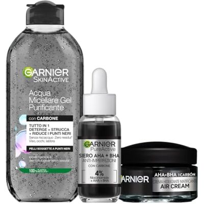 Garnier Kit SkinActive Mizellares Wasser, reinigendes Gel, Serum AHA+BHA gegen Unvollkommenheiten und Air Cream AHA+BHA Mattierende Creme mit Kohle, gereinigte und ebenmäßige Haut, 400 ml + 30 ml + 50 Garnier Kit SkinActive Mizellares Wasser, reinigendes Gel, Serum AHA+BHA gegen Unvollkommenheiten und Air Cream AHA+BHA Mattierende Creme mit Kohle, gereinigte und ebenmäßige Haut, 400 ml + 30 ml + 50