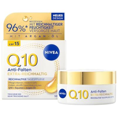 NIVEA Q10 Anti-Falten Gesichtscreme mit LSF 15, straffende Gesichtspflege mit Q10, Bio Argan-Öl und Squalan, Tagescreme für sehr trockene Haut, EXTRA-REICHHALTIG Reichhaltige Tagespflege (50 ml) NIVEA Q10 Anti-Falten Gesichtscreme mit LSF 15, straffende Gesichtspflege mit Q10, Bio Argan-Öl und Squalan, Tagescreme für sehr trockene Haut, EXTRA-REICHHALTIG Reichhaltige Tagespflege (50 ml)