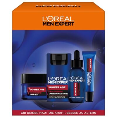 L'Oreal Paris L'Oréal Men Expert Pflegeset gegen Falten für Männer, Geschenkset mit Augenpflege, Serum, Tag & Nachtcreme, Geschenke für Herren mit Hyaluronsäure, Power Age, 2 x 50 ml, 1 x 30 ml, 1 x 15 ml L'Oreal Paris L'Oréal Men Expert Pflegeset gegen Falten für Männer, Geschenkset mit Augenpflege, Serum, Tag & Nachtcreme, Geschenke für Herren mit Hyaluronsäure, Power Age, 2 x 50 ml, 1 x 30 ml, 1 x 15 ml