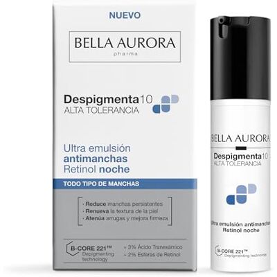 BELLA AURORA Depigmena10 Ultra Retinol Anti-Flecken-Emulsion für die Nacht Erneuerendes Serum mit verkapseltem Retinol + Tranexamsäure, reduziert Flecken, Falten und verbessert die Textur, alle BELLA AURORA Depigmena10 Ultra Retinol Anti-Flecken-Emulsion für die Nacht Erneuerendes Serum mit verkapseltem Retinol + Tranexamsäure, reduziert Flecken, Falten und verbessert die Textur, alle