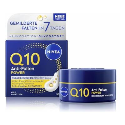 NIVEA Q10 Anti-Falten Nachtpflege, Anti-Falten-Nachtcreme mit Q10, Kreatin & Glycostop, reichhaltige Gesichtspflege für alle Hauttypen, POWER Regenerierend (50 ml) NIVEA Q10 Anti-Falten Nachtpflege, Anti-Falten-Nachtcreme mit Q10, Kreatin & Glycostop, reichhaltige Gesichtspflege für alle Hauttypen, POWER Regenerierend (50 ml)