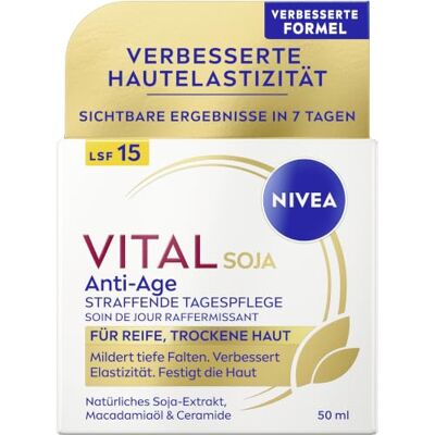NIVEA VITAL SOJA Anti-Age Straffende Tagespflege LSF 15, Gesichtspflege mit natürlichem Soja-Extrakt und Ceramiden, straffende Tagescreme mit LSF für reife Haut (50 ml) NIVEA VITAL SOJA Anti-Age Straffende Tagespflege LSF 15, Gesichtspflege mit natürlichem Soja-Extrakt und Ceramiden, straffende Tagescreme mit LSF für reife Haut (50 ml)