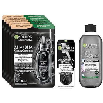 Garnier SkinActive Black Skin Routine Gesichtspflege-Set mit 5 schwarzen Tuchmasken, Mizellen-Gesichtswasser und AHA BHA Serum, Für ein ebenmäßigeres Hautbild bei normaler oder unreiner Haut Garnier SkinActive Black Skin Routine Gesichtspflege-Set mit 5 schwarzen Tuchmasken, Mizellen-Gesichtswasser und AHA BHA Serum, Für ein ebenmäßigeres Hautbild bei normaler oder unreiner Haut
