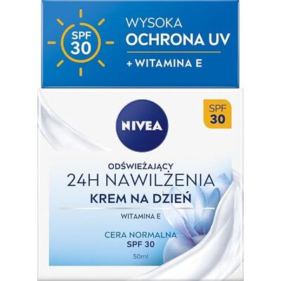 NIVEA 24H Feuchtigkeitsspendende Erfrischende Tagescreme Vitamin E + Seerosenextrakt, UV Schutz SPF 30-50ml NIVEA 24H Feuchtigkeitsspendende Erfrischende Tagescreme Vitamin E + Seerosenextrakt, UV Schutz SPF 30-50ml