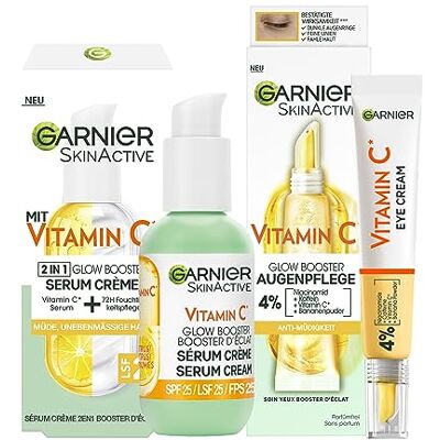 Garnier Vitamin C Glow Booster Set mit Anti-Müdigkeits Augenpflege und Serum Crème, Für eine strahlende und ebenmäßige Haut und zur Milderung von Müdigkeitsanzeichen, SkinActive, 2-teilig Garnier Vitamin C Glow Booster Set mit Anti-Müdigkeits Augenpflege und Serum Crème, Für eine strahlende und ebenmäßige Haut und zur Milderung von Müdigkeitsanzeichen, SkinActive, 2-teilig