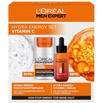 L'Oréal Men Expert Pflegeset gegen müde Haut für Männer, Geschenkset mit Serum und Gesichtscreme 24H Anti-Müdigkeit, Geschenke für Herren mit Vitamin C, Hydra Energy, 1 x 30 ml, 1 x 50 ml L'Oréal Men Expert Pflegeset gegen müde Haut für Männer, Geschenkset mit Serum und Gesichtscreme 24H Anti-Müdigkeit, Geschenke für Herren mit Vitamin C, Hydra Energy, 1 x 30 ml, 1 x 50 ml