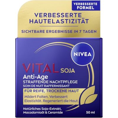 NIVEA VITAL SOJA Anti-Age Straffende Nachtpflege, reichhaltige Gesichtspflege mit natürlichem Soja-Extrakt zur Faltenmilderung, regenerierende Nachtcreme für reife Haut (50 ml) NIVEA VITAL SOJA Anti-Age Straffende Nachtpflege, reichhaltige Gesichtspflege mit natürlichem Soja-Extrakt zur Faltenmilderung, regenerierende Nachtcreme für reife Haut (50 ml)