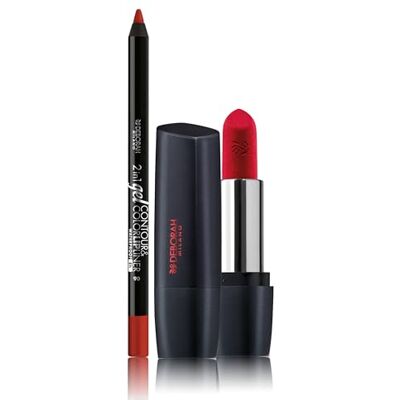 DEBORAH Milano Red Mat Lippenstift-Set mit Kollagen und Hyaluronsäure, 33 Timeless Red, 4,5 g und 2-in-1-Lippenstift, Gel Contour&Color, 06 Rubine, hochpigmentiert und wasserfest, 1,3 g DEBORAH Milano Red Mat Lippenstift-Set mit Kollagen und Hyaluronsäure, 33 Timeless Red, 4,5 g und 2-in-1-Lippenstift, Gel Contour&Color, 06 Rubine, hochpigmentiert und wasserfest, 1,3 g