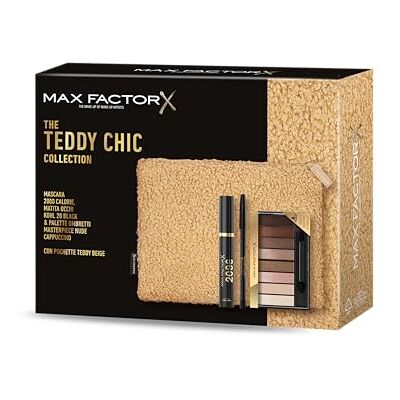 Max Factor , Geschenkbox für Damen Teddy Chic, Clutch aus weichem Teddy-Stoff mit Mascara 2000 Cal Black + Augenstift Khol Kajal 20 Black + Lidschatten-Palette Masterpiece Nude Cappuccino Max Factor , Geschenkbox für Damen Teddy Chic, Clutch aus weichem Teddy-Stoff mit Mascara 2000 Cal Black + Augenstift Khol Kajal 20 Black + Lidschatten-Palette Masterpiece Nude Cappuccino