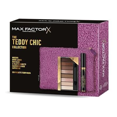 Max Factor , Geschenkbox für Damen, Teddy Chic, Clutch aus weichem Teddy-Stoff mit Mascara Divine Lashes + Lidschatten-Palette Masterpiece Nude Cappuccino Max Factor , Geschenkbox für Damen, Teddy Chic, Clutch aus weichem Teddy-Stoff mit Mascara Divine Lashes + Lidschatten-Palette Masterpiece Nude Cappuccino