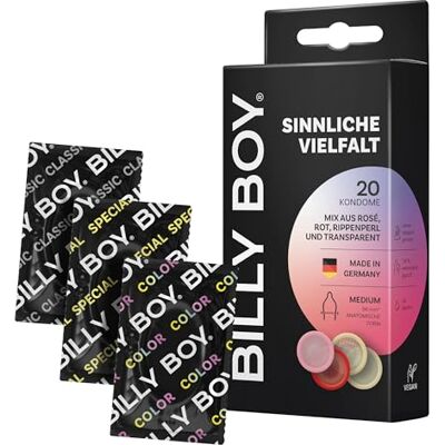 Billy Boy Kondome Sinnliche Vielfalt 20er Kondommix in MEDIUM Passform 56mm mit sanften Farben und genoppten Kondomen (1x20 Stück) Billy Boy Kondome Sinnliche Vielfalt 20er Kondommix in MEDIUM Passform 56mm mit sanften Farben und genoppten Kondomen (1x20 Stück)
