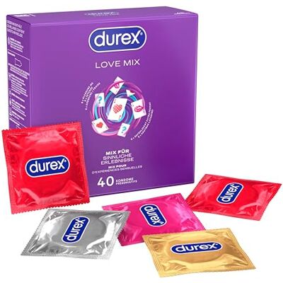 Durex Love Mix Kondome-Mischung – Vielseitige Mixpackung mit 5 verschiedenen Kondom-Sorten zum Ausprobieren – 40 Kondome (1er Pack) Durex Love Mix Kondome-Mischung – Vielseitige Mixpackung mit 5 verschiedenen Kondom-Sorten zum Ausprobieren – 40 Kondome (1er Pack)