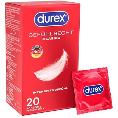 Durex Gefühlsecht Classic Kondome Perfekter Sitz & leichtes Abrollen mit zuverlässigem Schutz Hauchzarte, dünne, befeuchtete, transparente Kondome mit angenehmem Geruch 20er Pack (1 x 20 Stück) Durex Gefühlsecht Classic Kondome Perfekter Sitz & leichtes Abrollen mit zuverlässigem Schutz Hauchzarte, dünne, befeuchtete, transparente Kondome mit angenehmem Geruch 20er Pack (1 x 20 Stück)