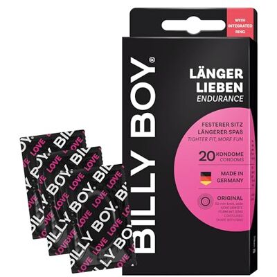 Billy Boy Kondome Länger Lieben 20er, 52 mm, ORIGINAL mit Ring, Kondome für ein längeres und intensiveres Erlebnis (1x20 Stück) Billy Boy Kondome Länger Lieben 20er, 52 mm, ORIGINAL mit Ring, Kondome für ein längeres und intensiveres Erlebnis (1x20 Stück)