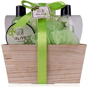 accentra Duschset Frauen Geschenkset OLIVE in schöner Holzbox 5-teiliges Pflegeset mit Duschgel, Bodylotion, Badesalz, Körperpeeling und Netzschwamm Wellness Geschenk Set zum Geburtstag accentra Duschset Frauen Geschenkset OLIVE in schöner Holzbox 5-teiliges Pflegeset mit Duschgel, Bodylotion, Badesalz, Körperpeeling und Netzschwamm Wellness Geschenk Set zum Geburtstag