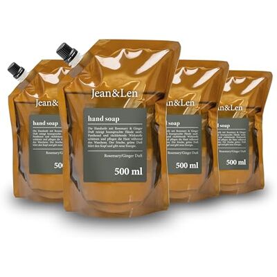 Jean & Len Handseife Nachfüllpack Rosemary & Ginger Set, 4 x 500 ml reinigt beanspruchte Hände, für die tägliche Anwendung, Flüssigseife im Nachfüllpack, ohne Parabene & Silikone Jean & Len Handseife Nachfüllpack Rosemary & Ginger Set, 4 x 500 ml reinigt beanspruchte Hände, für die tägliche Anwendung, Flüssigseife im Nachfüllpack, ohne Parabene & Silikone