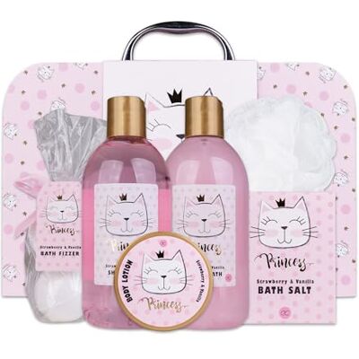 accentra – Geschenkset Princess Kitty für Mädchen & Frauen – 7-teiliges Duschset mit Schaumbad, Badebomben, Duschgel, Bodylotion & mehr – Pflegeset mit Erdbeer & Vanille Duft im süßen Papierkoffer accentra – Geschenkset Princess Kitty für Mädchen & Frauen – 7-teiliges Duschset mit Schaumbad, Badebomben, Duschgel, Bodylotion & mehr – Pflegeset mit Erdbeer & Vanille Duft im süßen Papierkoffer