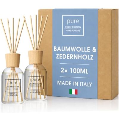Pure 2X 100ml Baumwolle & Zedernholz Raumduft natürliche Inhaltsstoffe, vegan & tierversuchsfrei, Bio-Alkohol, Diffuser mit Stäbchen hergestellt in Italien Pure 2X 100ml Baumwolle & Zedernholz Raumduft natürliche Inhaltsstoffe, vegan & tierversuchsfrei, Bio-Alkohol, Diffuser mit Stäbchen hergestellt in Italien