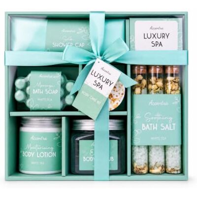 accentra LUXURY SPA Beauty Geschenkset White Tea Duft Wellnessbox mintgrün Körperpeeling, Bodylotion, Badesalz, Massageseife, Shower Steamer sowie Duschhaube für Badezeit und ruhige Verwöhnmomente accentra LUXURY SPA Beauty Geschenkset White Tea Duft Wellnessbox mintgrün Körperpeeling, Bodylotion, Badesalz, Massageseife, Shower Steamer sowie Duschhaube für Badezeit und ruhige Verwöhnmomente