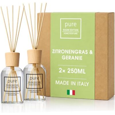 Pure 2X 250ml Zitronengras & Geranie Raumduft natürliche Inhaltsstoffe, vegan & tierversuchsfrei, Bio-Alkohol, Diffuser mit Stäbchen hergestellt in Italien Pure 2X 250ml Zitronengras & Geranie Raumduft natürliche Inhaltsstoffe, vegan & tierversuchsfrei, Bio-Alkohol, Diffuser mit Stäbchen hergestellt in Italien