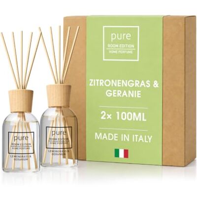 Pure 2X 100ml Zitronengras & Geranie Raumduft natürliche Inhaltsstoffe, vegan & tierversuchsfrei, Bio-Alkohol, Diffuser mit Stäbchen hergestellt in Italien Pure 2X 100ml Zitronengras & Geranie Raumduft natürliche Inhaltsstoffe, vegan & tierversuchsfrei, Bio-Alkohol, Diffuser mit Stäbchen hergestellt in Italien