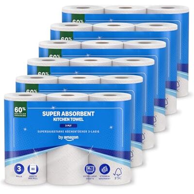 Amazon Supersaugfähiges Küchentuch, 3-Lagig, 18 Rollen (6 Packungen à 3 Stück), 80 Blatt Pro Rolle, FSC-Zertifiziert (Zuvor Presto!) Amazon Supersaugfähiges Küchentuch, 3-Lagig, 18 Rollen (6 Packungen à 3 Stück), 80 Blatt Pro Rolle, FSC-Zertifiziert (Zuvor Presto!)