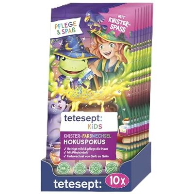 tetesept KIDS Knister-Farbwechsel Hokuspokus, Badezusatz, 10 x 45 g Pflegender Badezusatz, Pfirsichduft, Farbwechsel Gelb zu Grün, mit Macadamianussöl & Kakaobutter, ab 3 Jahren tetesept KIDS Knister-Farbwechsel Hokuspokus, Badezusatz, 10 x 45 g Pflegender Badezusatz, Pfirsichduft, Farbwechsel Gelb zu Grün, mit Macadamianussöl & Kakaobutter, ab 3 Jahren