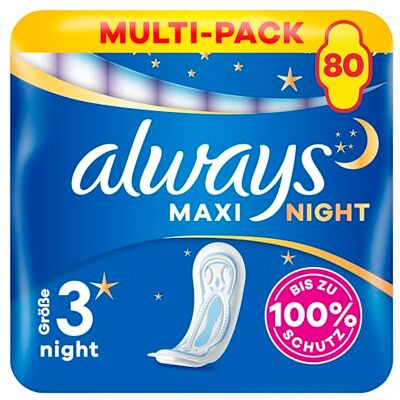 Always Maxi Profresh Night Binden (Größe 4) Ohne Flügel 80 Binden (8 x 10 Stück), Für Stärkere Tage, Damenbinden, Bis Zu 100 Prozent Schutz & Komfort-Kissen Always Maxi Profresh Night Binden (Größe 4) Ohne Flügel 80 Binden (8 x 10 Stück), Für Stärkere Tage, Damenbinden, Bis Zu 100 Prozent Schutz & Komfort-Kissen