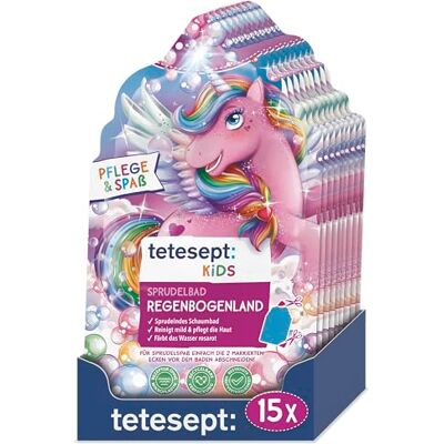 tetesept KIDS Sprudelbad Regenbogenland, Schaumbad, 40 g x 15 Fruchtiger Duft, bunter Badeschaum & rosarotes Wasser, mit Kakaobutter, für Kinder ab 3 Jahren tetesept KIDS Sprudelbad Regenbogenland, Schaumbad, 40 g x 15 Fruchtiger Duft, bunter Badeschaum & rosarotes Wasser, mit Kakaobutter, für Kinder ab 3 Jahren